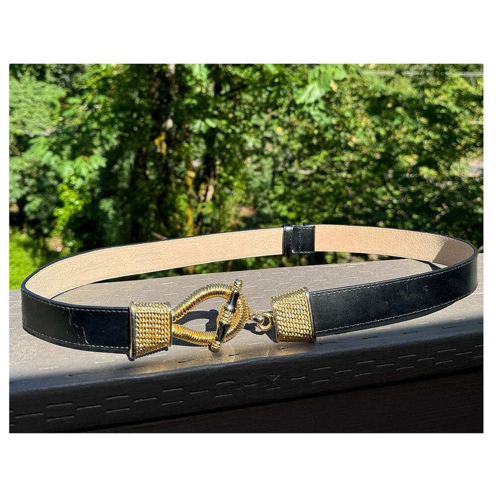 Vintage Leather Belt Lake Shore Drive Black Adjustable Gold Silver Size M/L